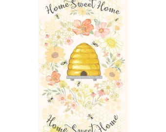 Bee and Floral Fabric Panel, Home Sweet Home 24" Panel by Timeless Treasures Digitally Printed Quilting Cotton Fabric Watercolor Floral Bees
