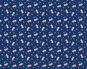 Patriotic Fabric, Red White and Bang Flags Navy Riley Blake Quilting Cotton Fabric, Navy Patriotic Flag Fabric, Small Print Flags