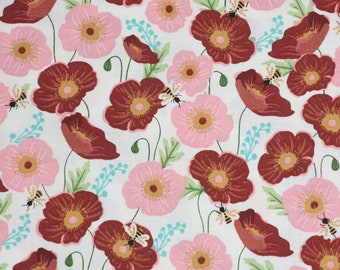 Pink and Red Poppies with Bees on White Quilting Cotton Fabric, Bee Fabric, Floral Bee Fabric