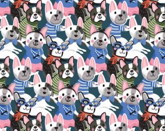 Dog Fabric, Posh Pup Party on Teal from the Pawsomely Posh Collection by Camelot Quilting Cotton Fabric, Pug Fabric, Cute Dog Fabric