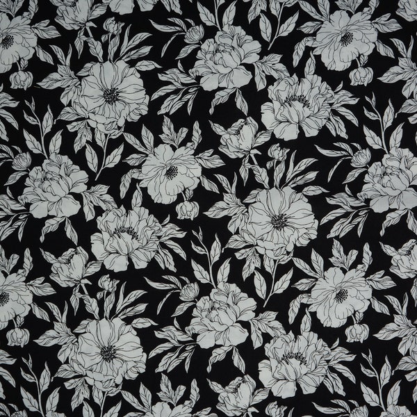 Black and White Poppy Flowers on Black Floral by Timeless Treasures Quilting Cotton Fabric INK-C8726, Poppies