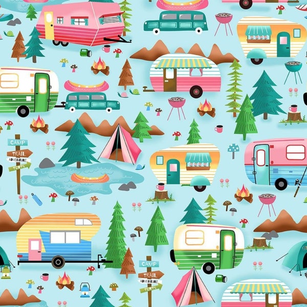 Camping Fabric, Camping Trailers on Light Blue by Gail Cadden for Timeless Treasures Quilting Cotton Fabric, Retro Camper Fabric