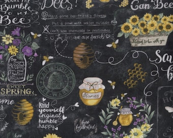 Honey Bee Fabric, Spring Bee Words on Chalkboard Black by Hi Fashion Fabrics Quilting Cotton Fabric, Motivational Bee Words, Floral Bee