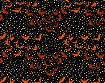 Tissu chauve-souris, motifs chauves-souris sur fond noir, costumes et toiles d'araignée, par Club Hauer, coton pour patchwork d'Halloween PWRH114.BLACK