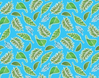 Tropical Leaves Fabric, Tropical Leaves Glow on Navy by Kanvas Studio for Benartex Quilting Cotton, Rainforest Leaves, Rainforest Glow