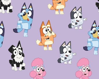 Bluey Fabric, Playful Bluey and friends on Purple Licensed by Springs Creative Novelty Cotton Fabric, Disney Bluey Fabric 81155-A62028
