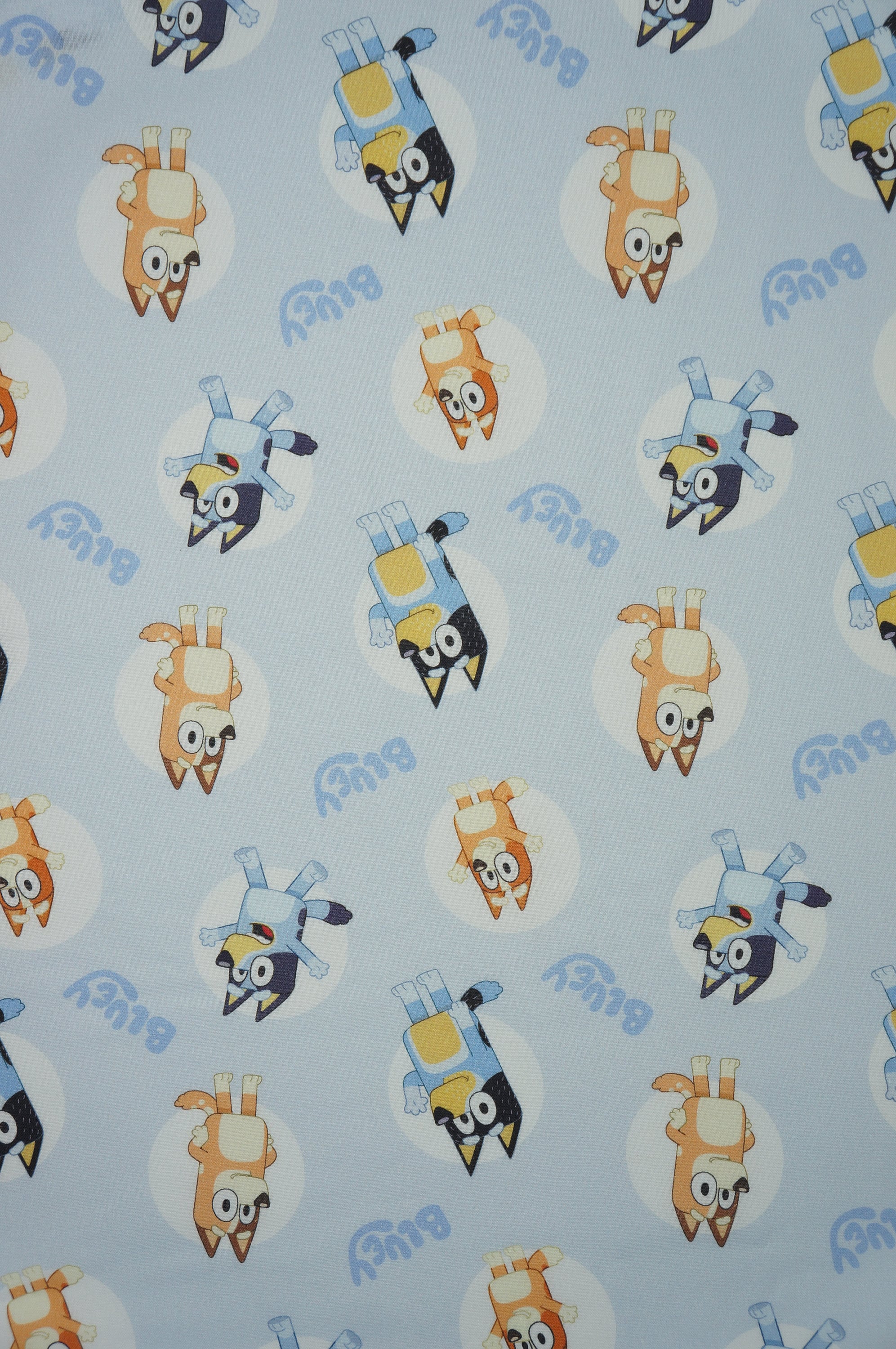 Bluey Fabric, Disney Junior Bluey and Bingo Badges on Light Blue