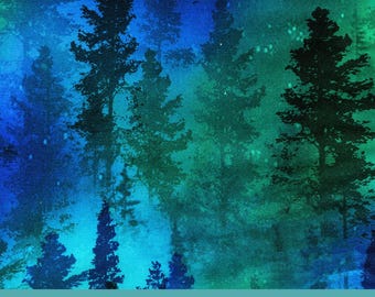 Northern Lights Wideback Fabric, Aurora Forest Trees by Timeless Treasures Quilting Cotton Fabric, Aurora Borealis Fabric, CD8960-GREEN