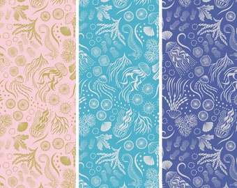 Jellyfish and Seahorse Fabric, Metallic Moontide by Lewis and Irene Quilting Cotton Fabric, Underwater theme, Ocean, Under the Sea, Nautical