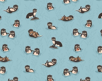 Otter Fabric, Sea Otters on Aqua Alaska by Riley Blake Designs and The Anderson Group Quilting Cotton Fabric C16170-AQUA