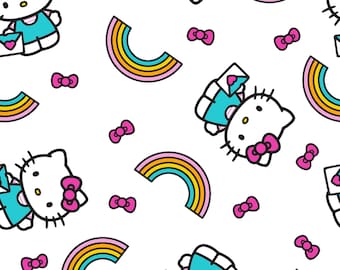 Hello Kitty Fabric, Hello Kitty Rainbow Toss on White Licensed by Sanrio for Springs Creative Novelty Cotton Fabric 79151-A62028