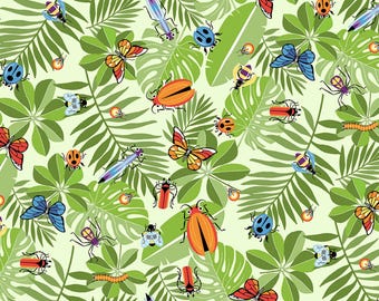 Bug Fabric, Allover Leaves and Bugs on Green from the Bug Bug Bug Collection by Tim Read for Henry Glass Quilting Cotton Fabric, Insects