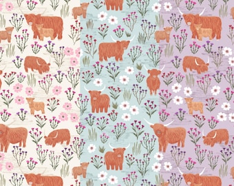 Highland Cow Fabric, Summer Meadow Highland on Cream, Blue or Purple A Celtic Summer Lewis & Irene Quilting Cotton Fabric A987