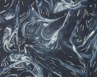 Halloween Blender Fabric, Smokey Fabric, Drift Away Oil Slick on Dark Blue and Black with Silver Metallic Quilting Cotton Fabric