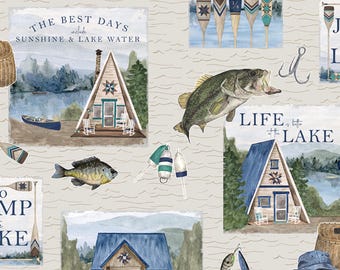 Lake House Fabric, Tan Main Wake by the Lake Quilting Cotton by Riley Blake Quilting Cotton Fabric, Lake Life Fabric, C14890-TAN