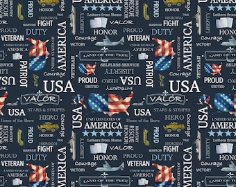 Patriotic Words Fabric, Letters from Home Text on Navy by Riley Blake Quilting Cotton Fabric, Quilt of Valor Fabric, C15611-NAVY