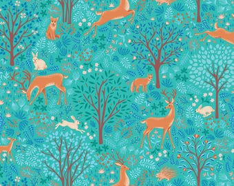 Woodland Animal Fabric, Flora and Fauna Midnight on Turquoise by Amanda Murphy for Benartex Contempo Quilting Cotton Fabric 17051B-84