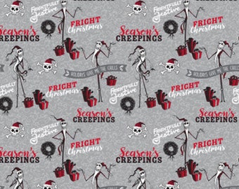 Nightmare Before Christmas Fabric, Seasons Creepings on Gray Disney Licensed by Springs Creative Novelty Cotton Fabric, Santa Jack