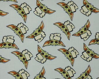 Baby Yoda Fabric, Tossed Child Star Wars Mandalorian on Light Gray by Camelot Fabrics Licensed Novelty Cotton Fabric