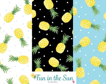 Tossed Pinapples on White Black or Blue Fabric, Fun in the Sun Quilting Cotton Fabric by Kanvas Studio, Tropical Fruit Fabric, Summer Fabric