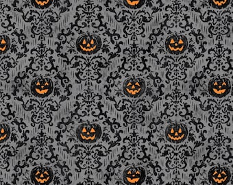 Pumpkin Fabric, Pumpkin Damask on Gray Midnight Hauntings by Michael Davis for Wilmington Prints Quilting Cotton Fabric 96485-998