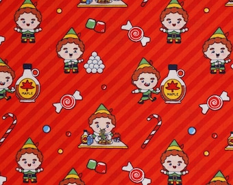 Buddy the Elf on Red by Camelot Fabrics Licensed Novelty Christmas Cotton Fabric, Elf Chibi Fabric, Christmas Character Fabric