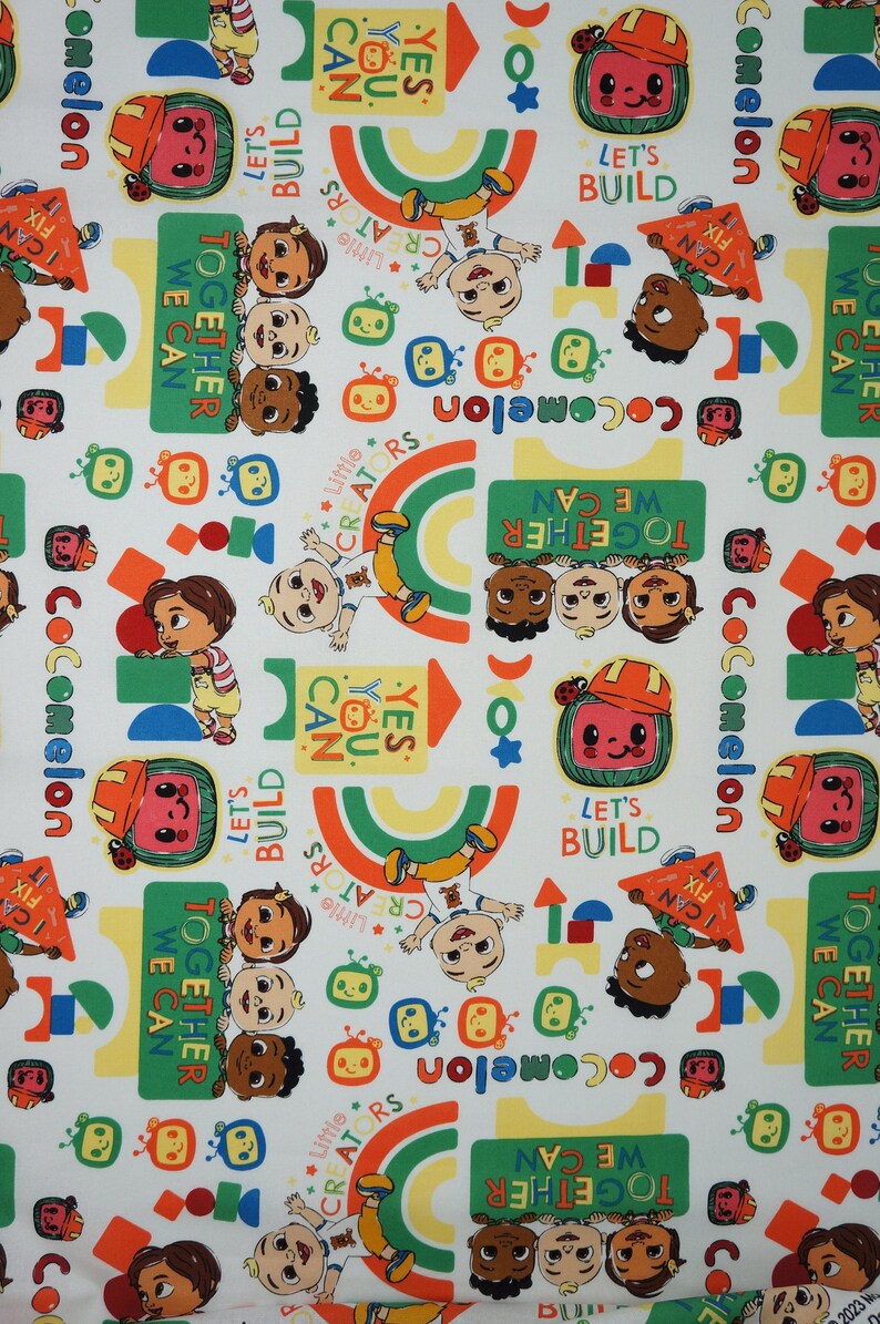 Cocomelon Fabric, Tossed Lets Build Kids on White Licensed by David Textiles Novelty Cotton Fabric, JJ Fabric, Cody and Nina Cocomelon image 4