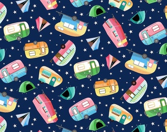 Camping Fabric, Tossed Camping Trailers and Tents on Navy by Gail Cadden for Timeless Treasures Quilting Cotton Fabric, Retro Camper Fabric