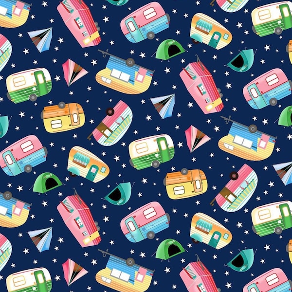 Camping Fabric, Tossed Camping Trailers and Tents on Navy by Gail Cadden for Timeless Treasures Quilting Cotton Fabric, Retro Camper Fabric