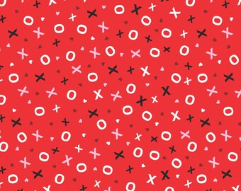 Valentine Fabric, XOs on Red Love You Fur-Ever by Greta Lynn for Benartex Kanvas Quilting Cotton Fabric 14263-10