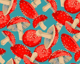 Mushroom Fabric, Large Toadstool on Blue Forage by Martha Negley for Free Spirit Quilting Cotton Fabric PWMN070.BLUE