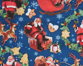 Santa's Cookies Holiday Novelty Cotton Fabric Ugly Christmas Sweater, Santa's Sleigh and Reindeer, Christmas Eve