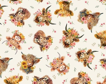 Highland Cow Fabric, Tossed Highland Cows on Cream by Timeless Treasures Quilting Cotton Fabric, Boho Highland Cows with Flowers FARM-CD3885