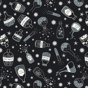 Halloween Potions Fabric, Halloween Bottles with Silver Metallic Accents on Black Cast a Spell by Lewis and Irene Quilting Cotton Fabric