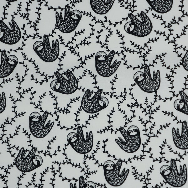Black and White Sloths By Dear Stella Quilting Cotton Fabric, Small Print Sloths, ST-WG1985WHITE, ABC Menagerie by Wee Gallery Collection