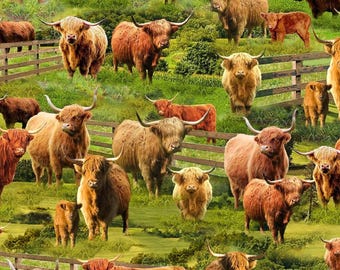 Highland Cow Fabric, Highland Cows by Timeless Treasures Digitally Printed Quilting Cotton Fabric, Shaggy Cow Fabric, Cute Highland Cow
