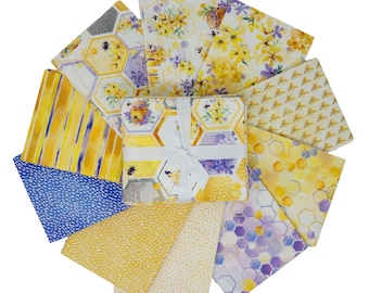 Honey Bee Fabric, Bee Fat Quarter Bundle from the Welcome to our Hive Collection by Camelot Quilting Cotton Fabric, 10 pieces