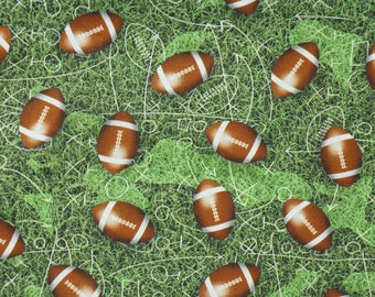 Football Fabric, Footballs on Green Quilting Cotton Fabric, Football Plays on Grass Cotton Fabric
