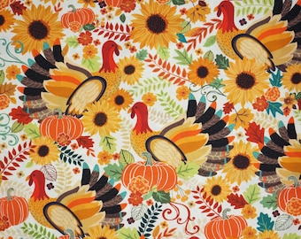 Turkey Fabric, Turkey Trot on Cream by Nicole DeCamp for Kanvas Studio Benartex Quilting Cotton Fabric, Floral Turkey and Pumpkin 14461-07B