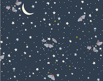 Night Sky Fabric, Night Under the Moonlight on Navy Under the Canopy Collection by Jennifer Moore for Winham Organic Quilting Cotton Fabric