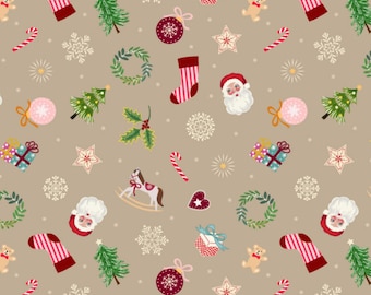 Festive Things Fabric, Little Festive Things on Natural with Gold Metallic Accents by Lewis and Irene Quilting Cotton Fabric C120.1