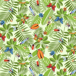 Bug Fabric, Allover Leaves and Bugs on Green from the Bug Bug Bug Collection by Tim Read for Henry Glass Quilting Cotton Fabric, Insects