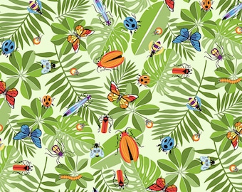 Bug Fabric, Allover Leaves and Bugs on Green from the Bug Bug Bug Collection by Tim Read for Henry Glass Quilting Cotton Fabric, Insects