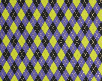 Argyle Halloween Fabric, Green and Purple Argyle with Gold Sparkle Halloween Novelty Cotton Fabric