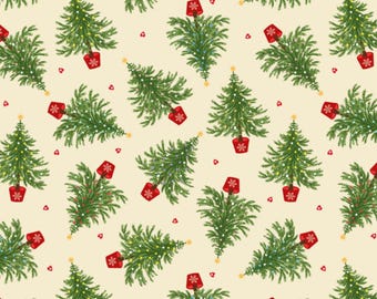 Christmas Tree Fabric, Oh Christmas Tree on Cream with Gold Metallic Accents by Lewis and Irene Quilting Cotton Fabric C116.1