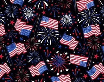 Patriotic Fireworks Fabric, Patriotic Flag Celebration on Black by Benartex Quilting Cotton Fabric, Patriotic Flag Fabric 14150B-12