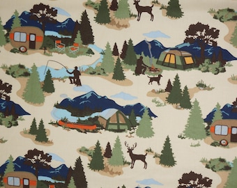 Camping Fabric, Camping in the Wilderness on Beige Novelty Cotton Fabric, Cabin and Camping Fabric