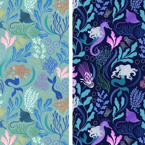 Mermaid Fabric, Jellyfish and Stingray Metallic by Lewis and Irene Quilting Cotton Fabric Moontide, Underwater theme, Ocean, Under the Sea
