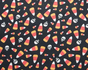 Candy Corn and Happy Skulls Black Halloween Novelty Cotton Fabric, Halloween Candy Fabric