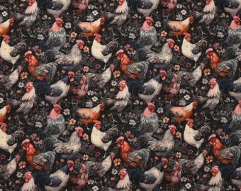 Rooster Fabric, Roosters and Floral on Black Novelty Cotton Fabric, Floral Chicken Fabric, Farmhouse Fabric